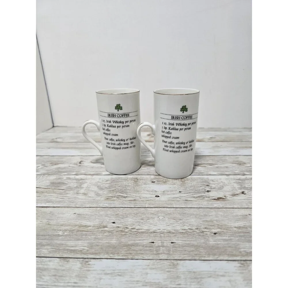 Set of two vintage Irish Coffee mugs with shamrock details and recipe‎